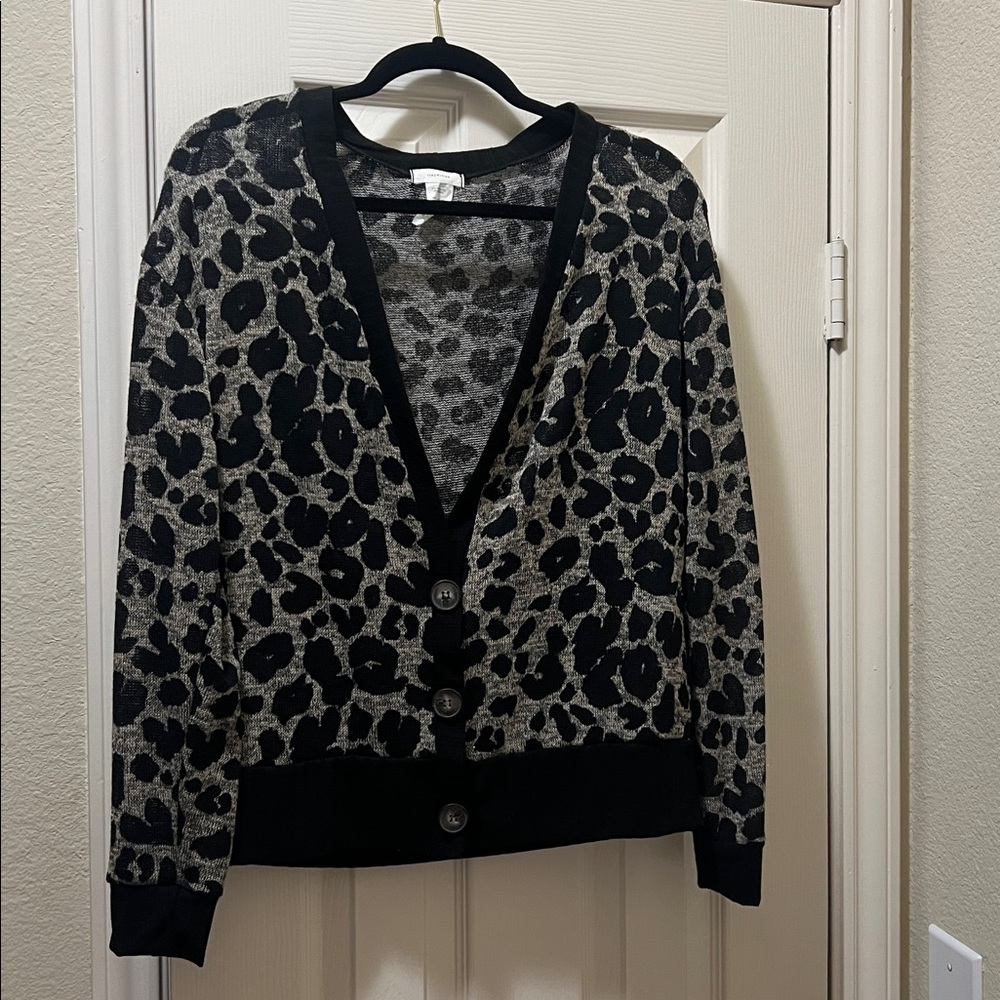 Button Front Leopard-Print Cardigan - Black Gray